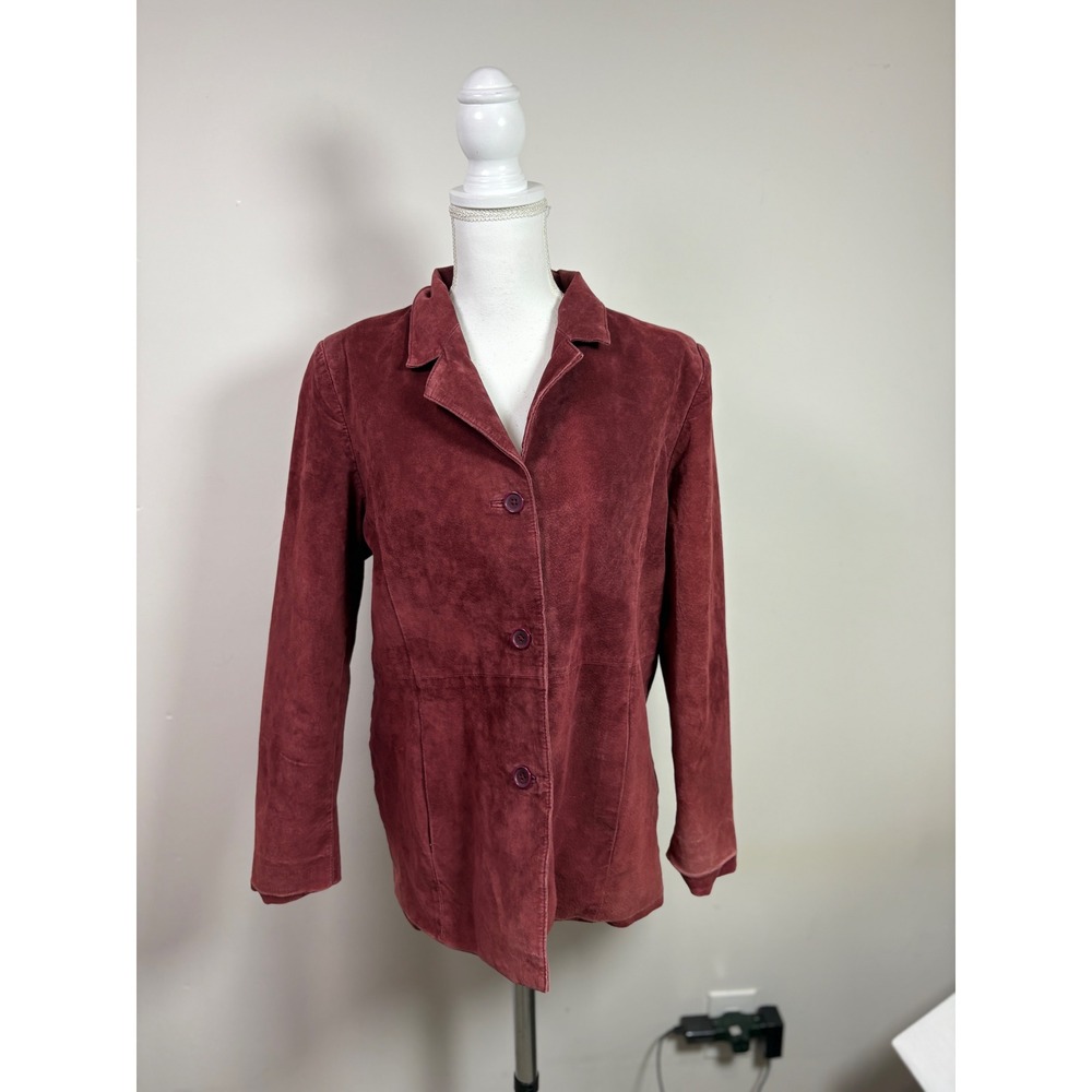 Dialogue Womens Burgundy Genuine Leather Suede Button Front Blazer Jacket Medium